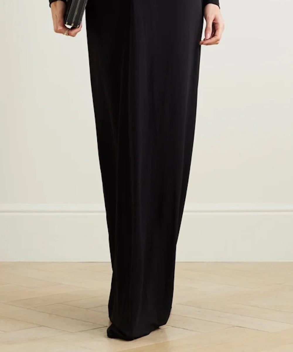 Black Satin Lapel Deep V Twist Waist Long Sleeve Maxi Evening Gown