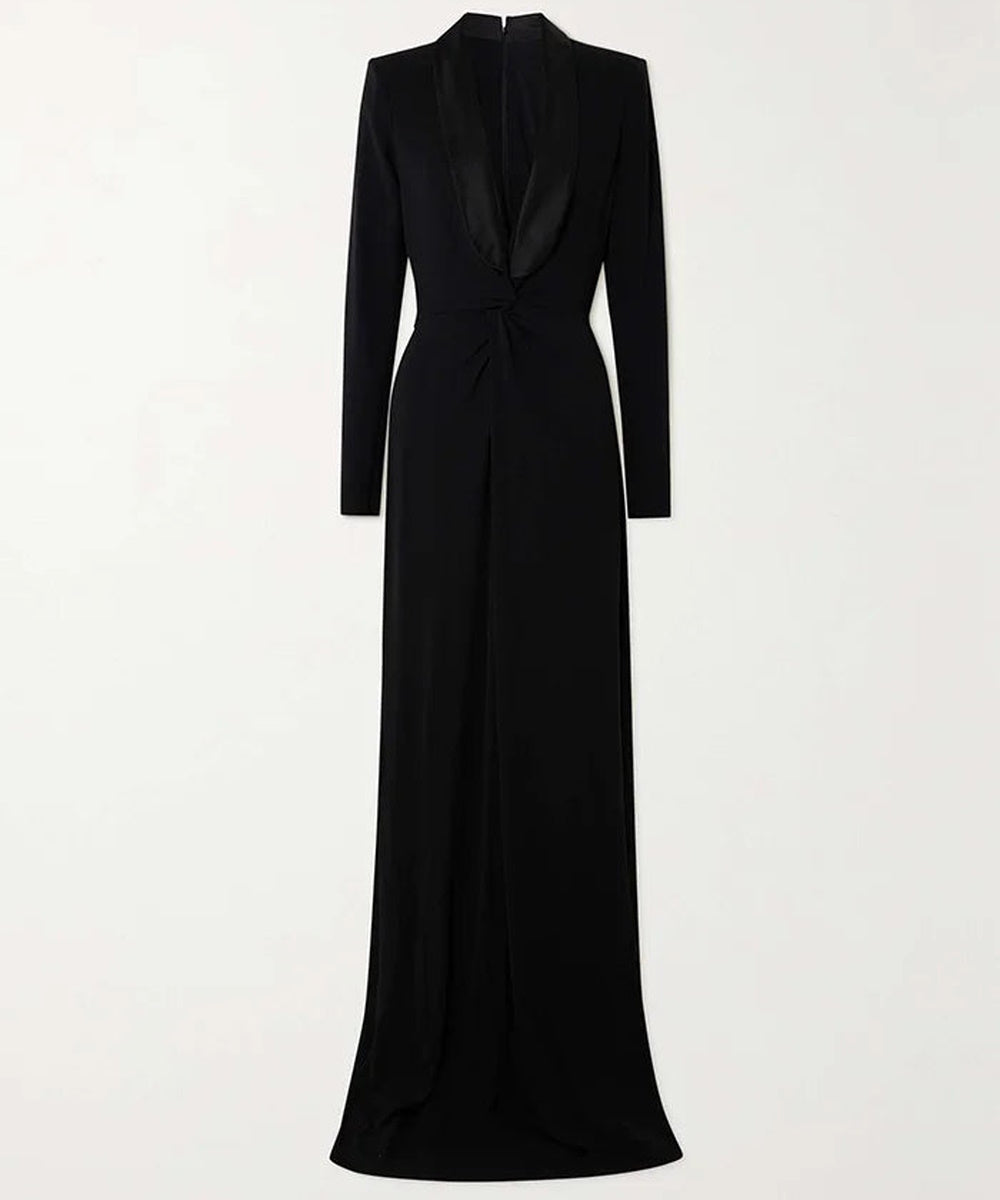 Black Satin Lapel Deep V Twist Waist Long Sleeve Maxi Evening Gown