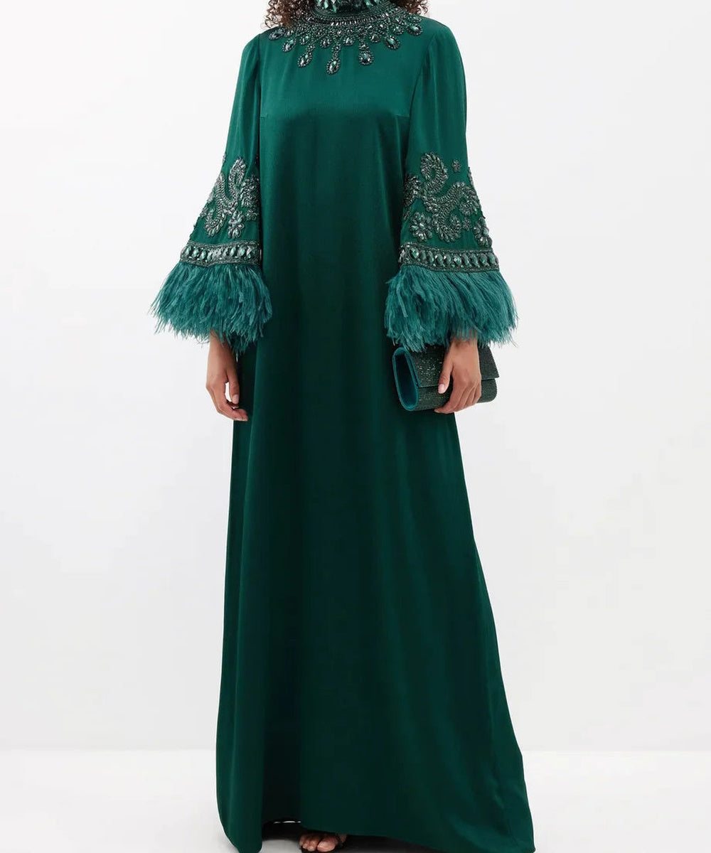 Emerald Green High Neck Crystal Embellished Feather Cuff Long Sleeve Abaya Maxi Gown