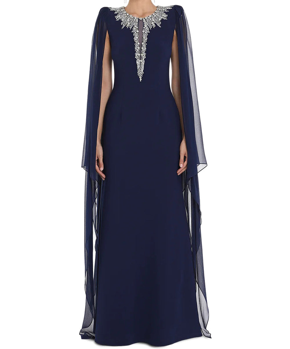 Navy Crystal Embellished Keyhole Neck Chiffon Cape Sleeve Column Maxi Evening Gown
