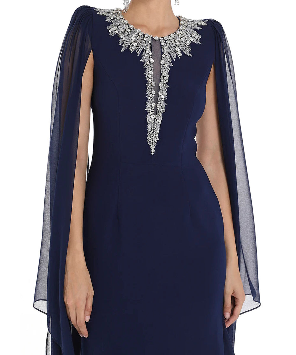 Navy Crystal Embellished Keyhole Neck Chiffon Cape Sleeve Column Maxi Evening Gown