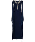 Navy Crystal Embellished Keyhole Neck Chiffon Cape Sleeve Column Maxi Evening Gown
