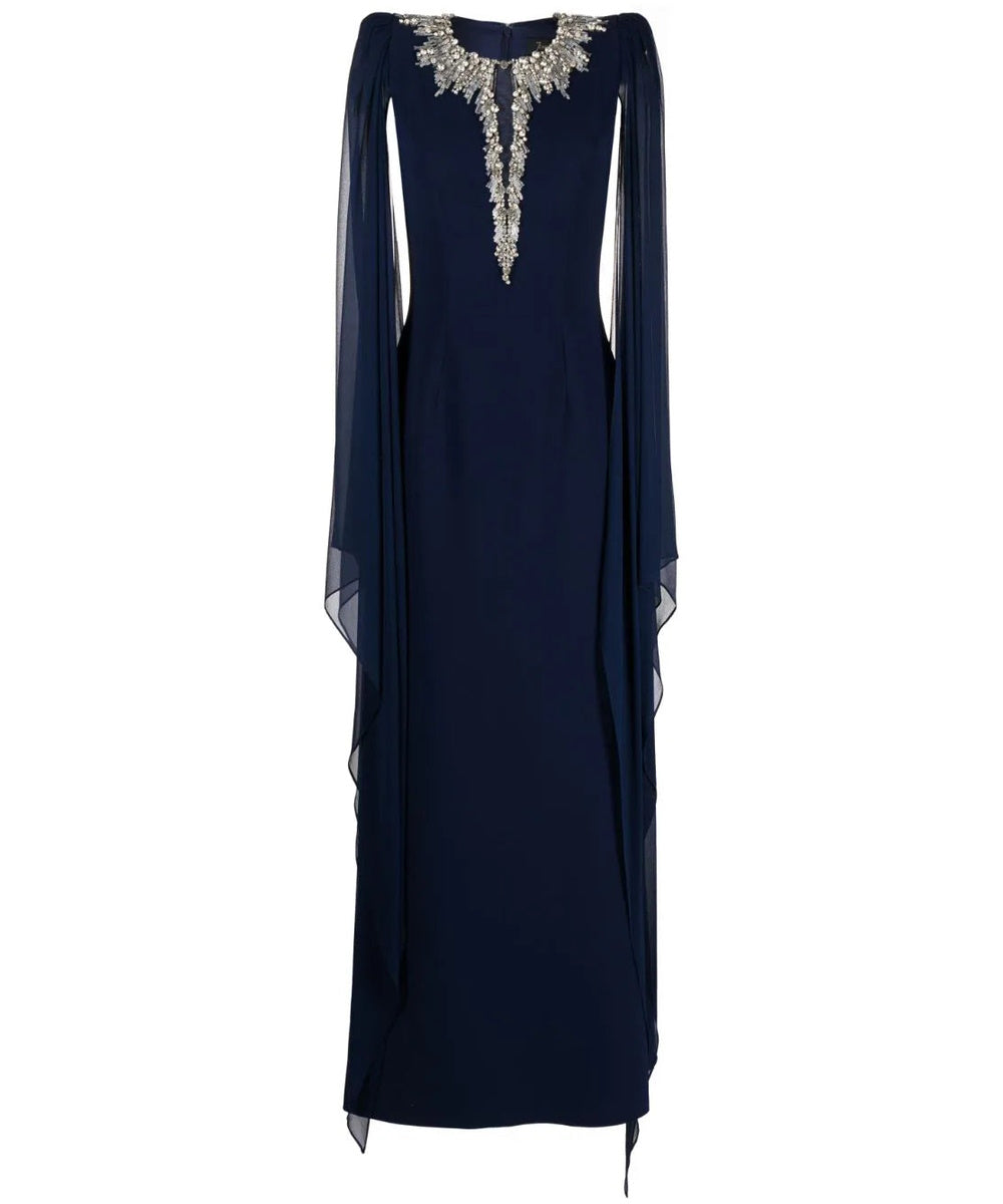 Navy Crystal Embellished Keyhole Neck Chiffon Cape Sleeve Column Maxi Evening Gown