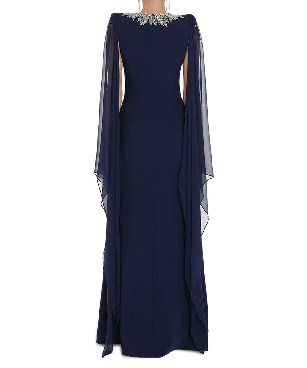 Navy Crystal Embellished Keyhole Neck Chiffon Cape Sleeve Column Maxi Evening Gown