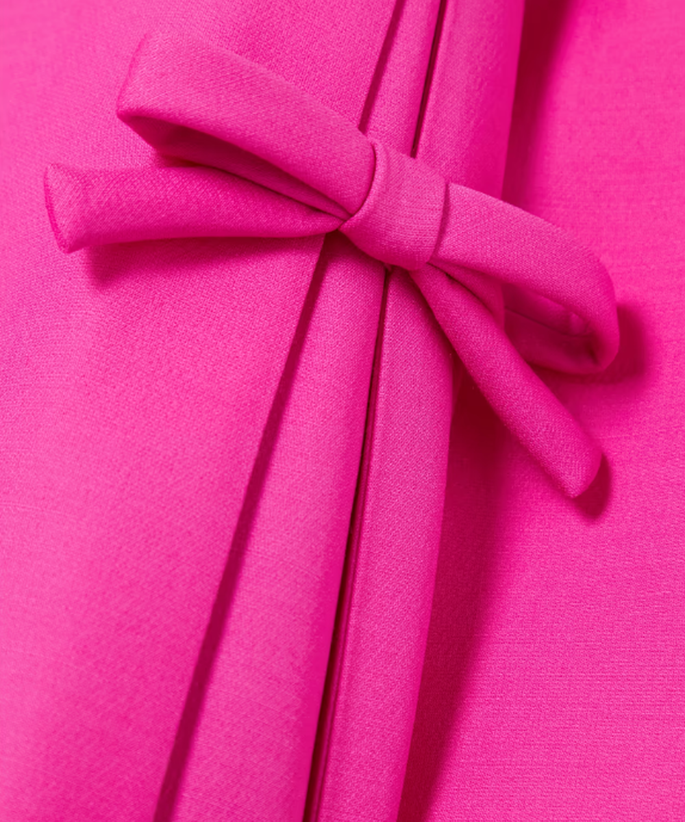 Hot Pink High Neck Bow Embellished Side Slit Long Sleeve Maxi Evening Gown