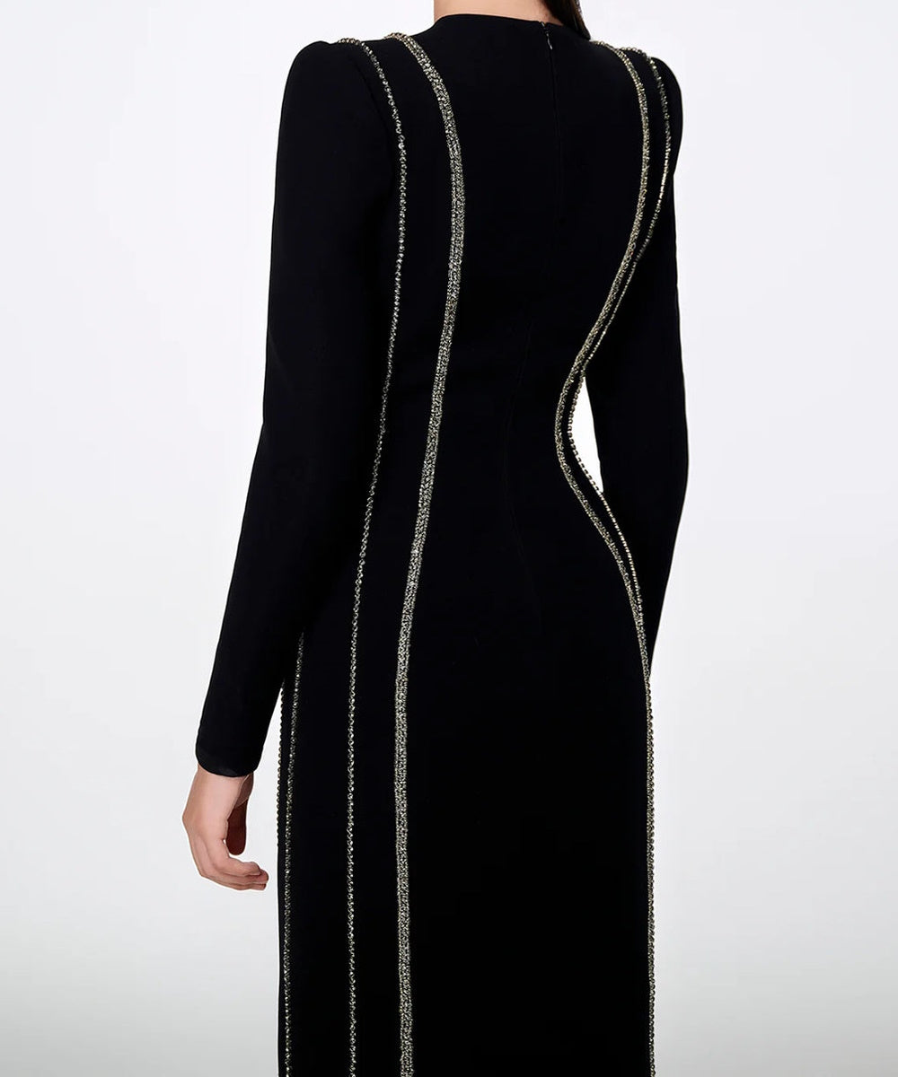 Black Round Neck Vertical Crystal Line Long Sleeve Column Maxi Evening Gown