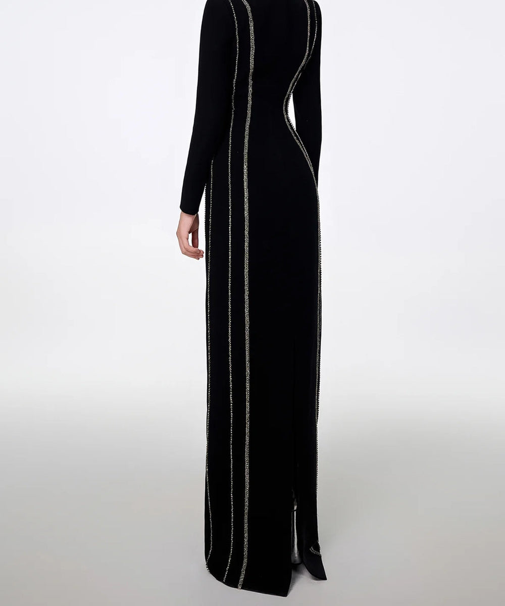 Black Round Neck Vertical Crystal Line Long Sleeve Column Maxi Evening Gown