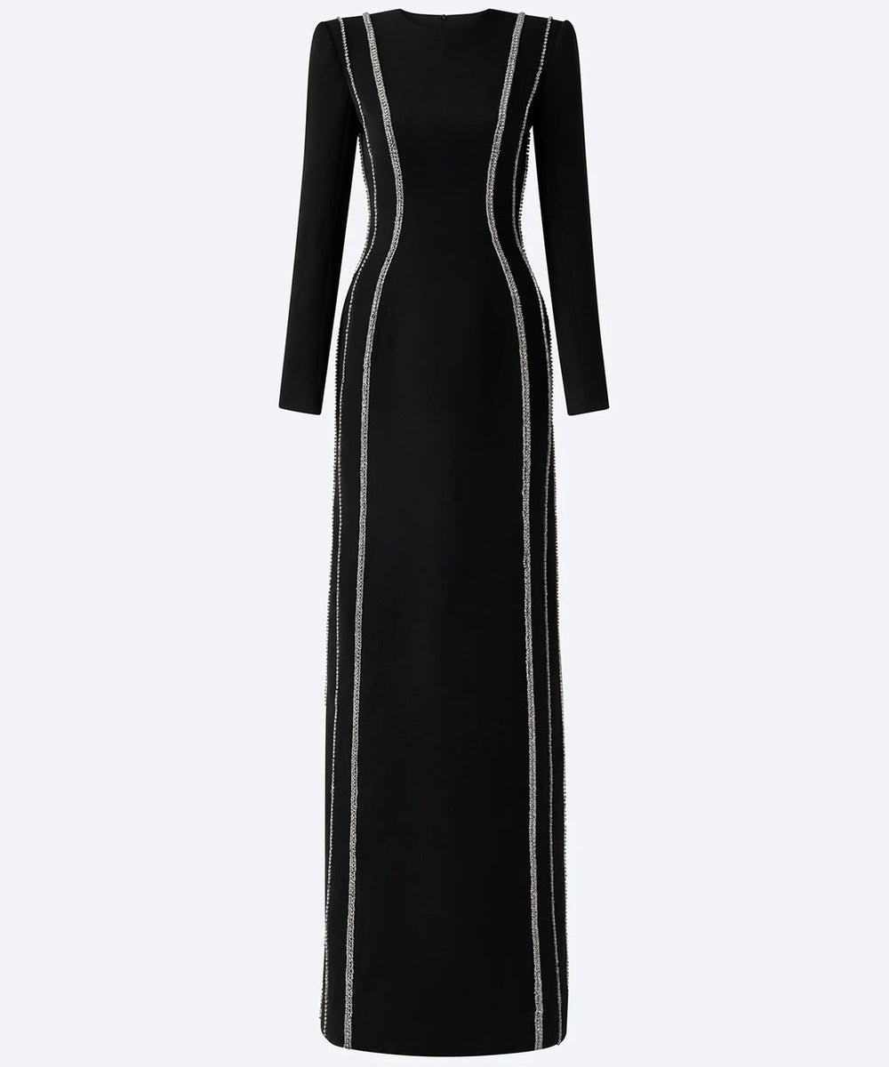 Black Round Neck Vertical Crystal Line Long Sleeve Column Maxi Evening Gown