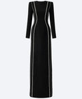 Black Round Neck Vertical Crystal Line Long Sleeve Column Maxi Evening Gown