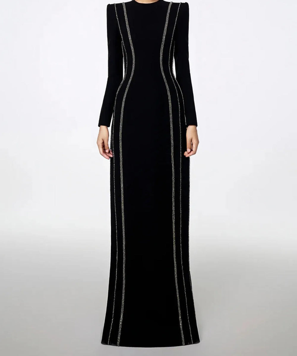 Black Round Neck Vertical Crystal Line Long Sleeve Column Maxi Evening Gown