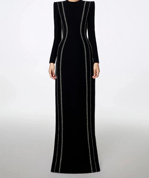 Black Round Neck Vertical Crystal Line Long Sleeve Column Maxi Evening Gown