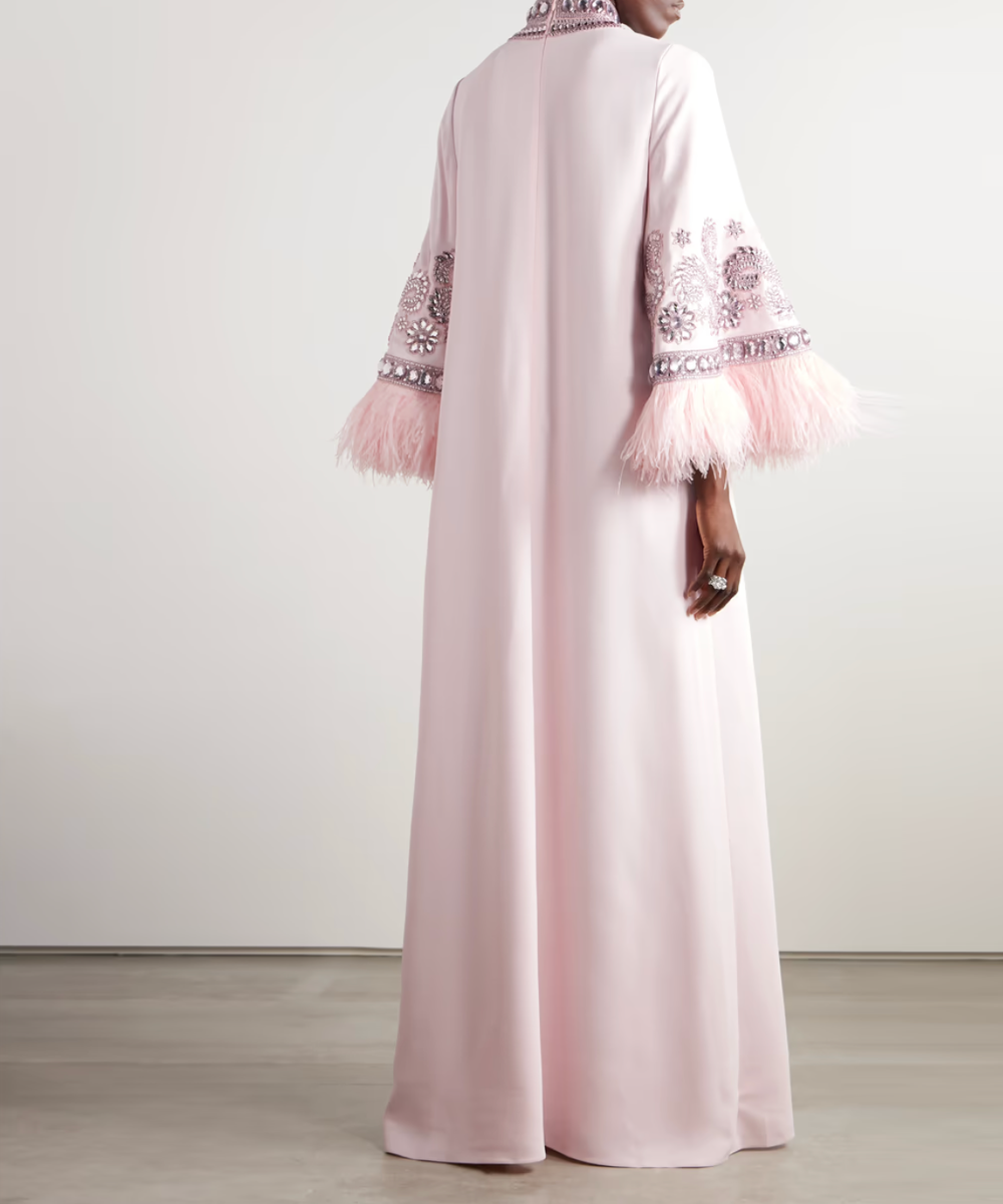 Dusty Pink High Neck Crystal Embellished Flared Feather Cuff Long Maxi Abaya Gown