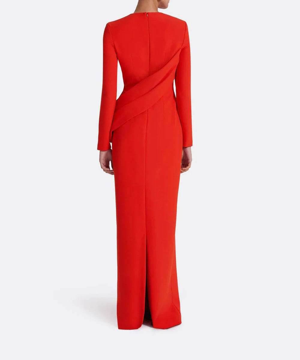 Bright Red Round Neck Long Sleeve Diagonal Draped Crepe Column Maxi Gown