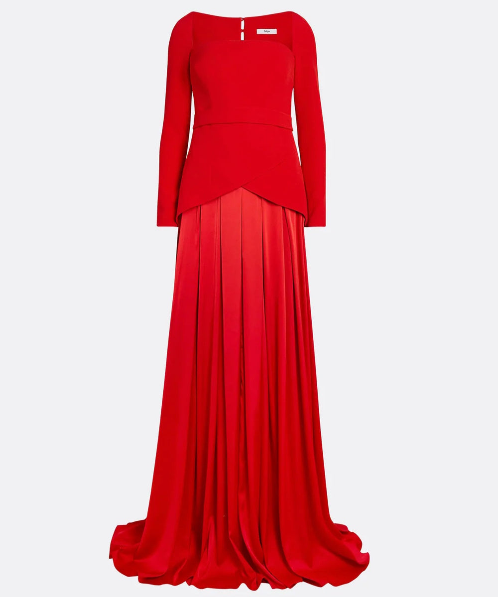 Red Square Neck Long Sleeve Two-Tier Crepe & Satin Pleated Maxi Evening Gown