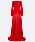 Red Square Neck Long Sleeve Two-Tier Crepe & Satin Pleated Maxi Evening Gown