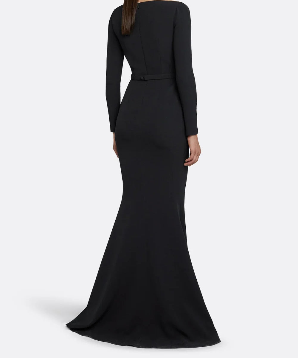 Straight Off Shoulder Long Sleeve Crystal Beaded Black Mermaid Train Evening Gown