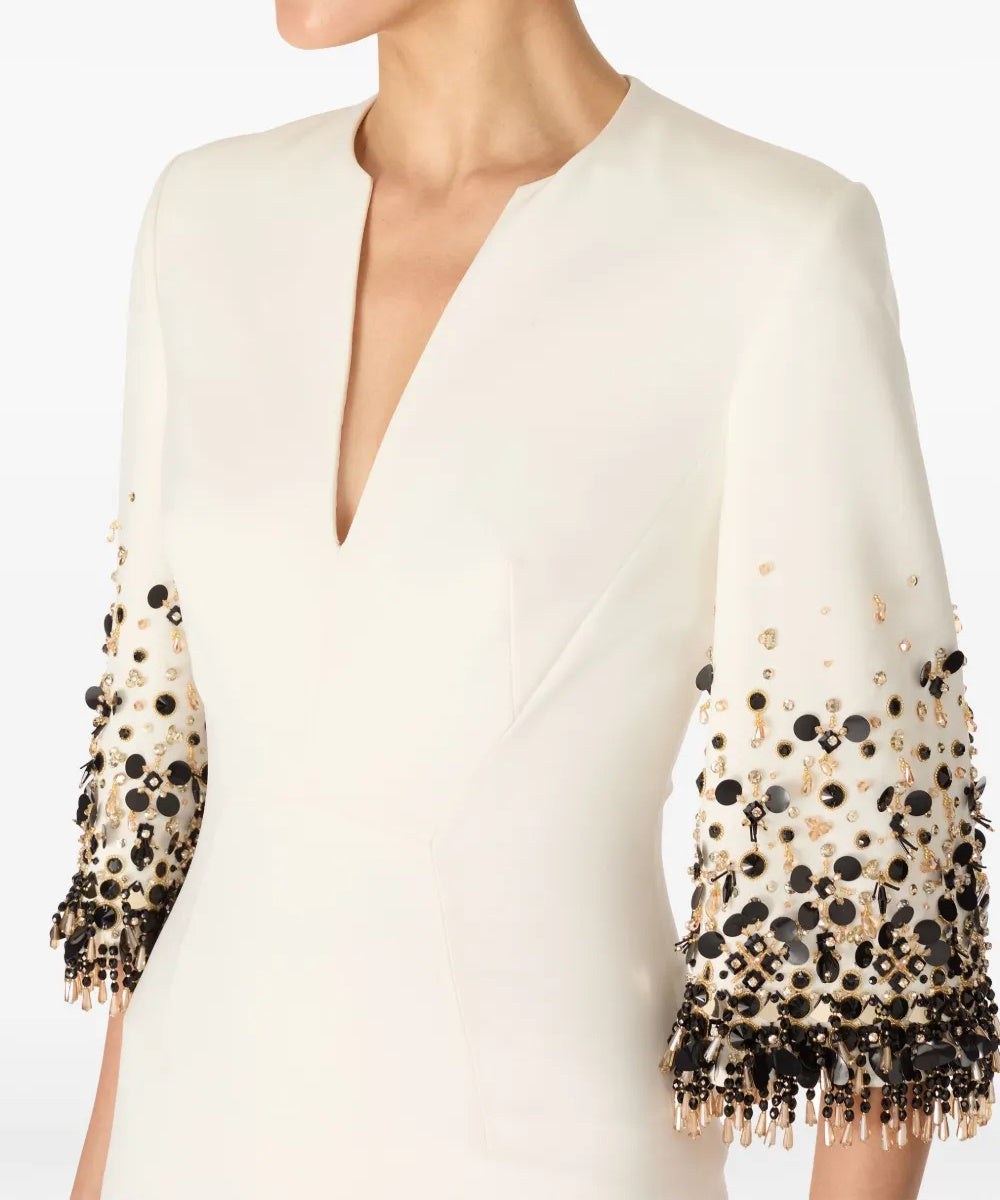 Cream Notched V Neck Gradient Beaded Tassel Cuff Three Quarter Sleeve Column Maxi Gown