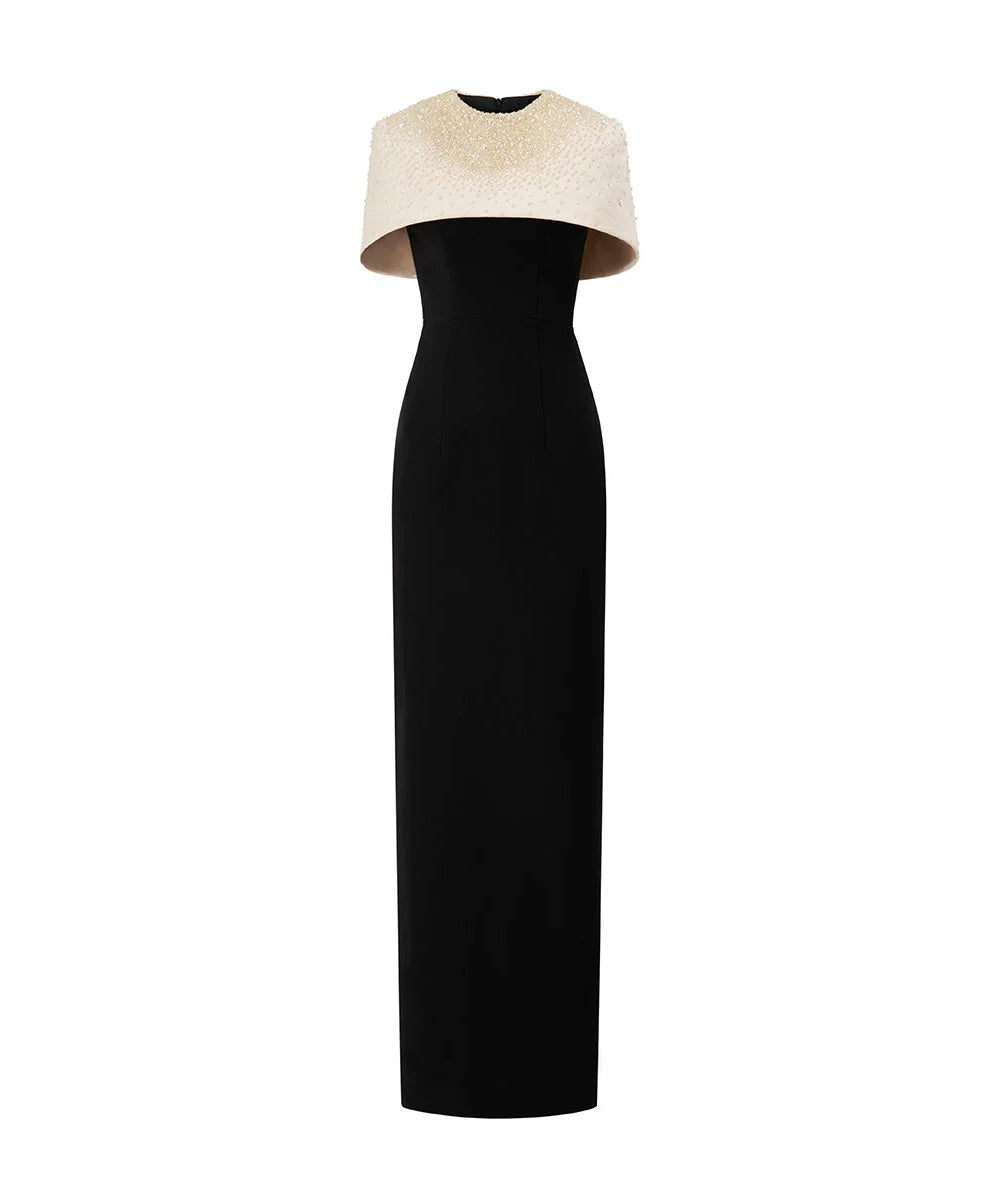 Black Column Gown with Ivory Crystal Beaded Cape Overlay