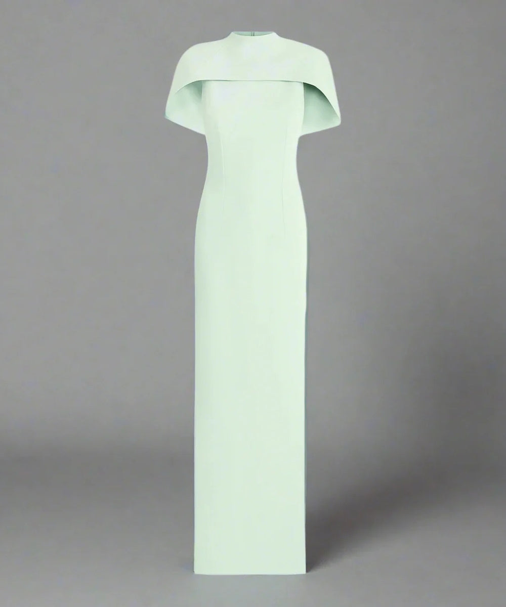 Mint Green Cape Collar Back Long Ribbon Slit Column Maxi Gown