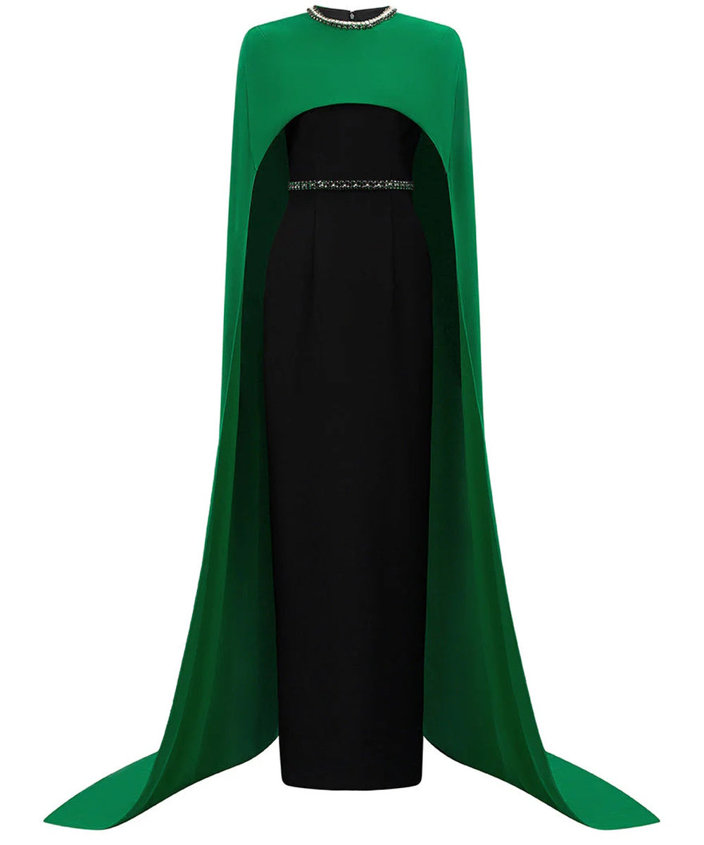 Two-Tone Emerald Cape Black Column Crystal Trim Evening Gown