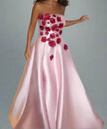 Light Pink Strapless 3D Burgundy Floral Applique Satin A-Line Maxi Evening Gown