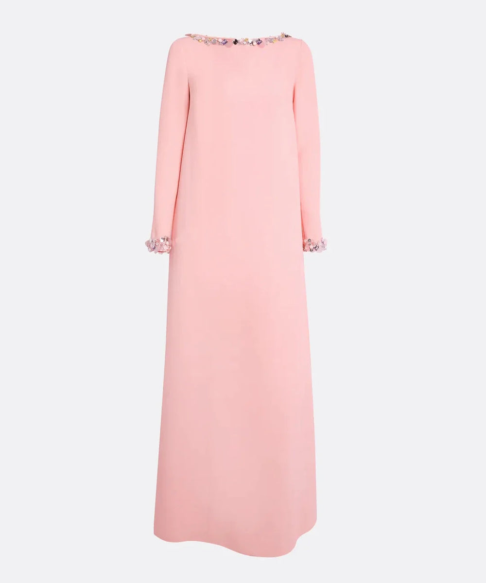 Blush Pink Multi-Colored Crystal Embellished Boat Neck Loose Straight Long Sleeve Maxi Gown