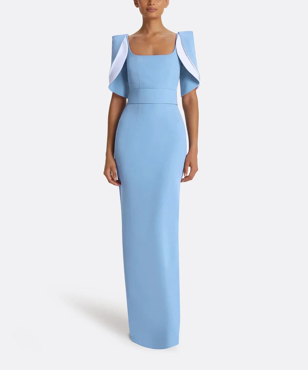 Sky Blue Square Neck Contrast Cape Sleeve Waistband Column Maxi Evening Gown
