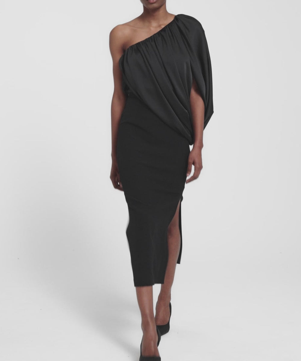 Black One‑Shoulder Draped Satin Midi Sheath Dress With Side Slit