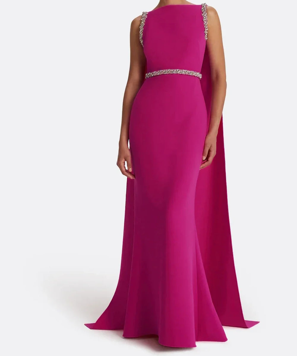 Fuchsia Boat Neck Crystal Trim Cape Sleeve Mermaid Maxi Evening Gown