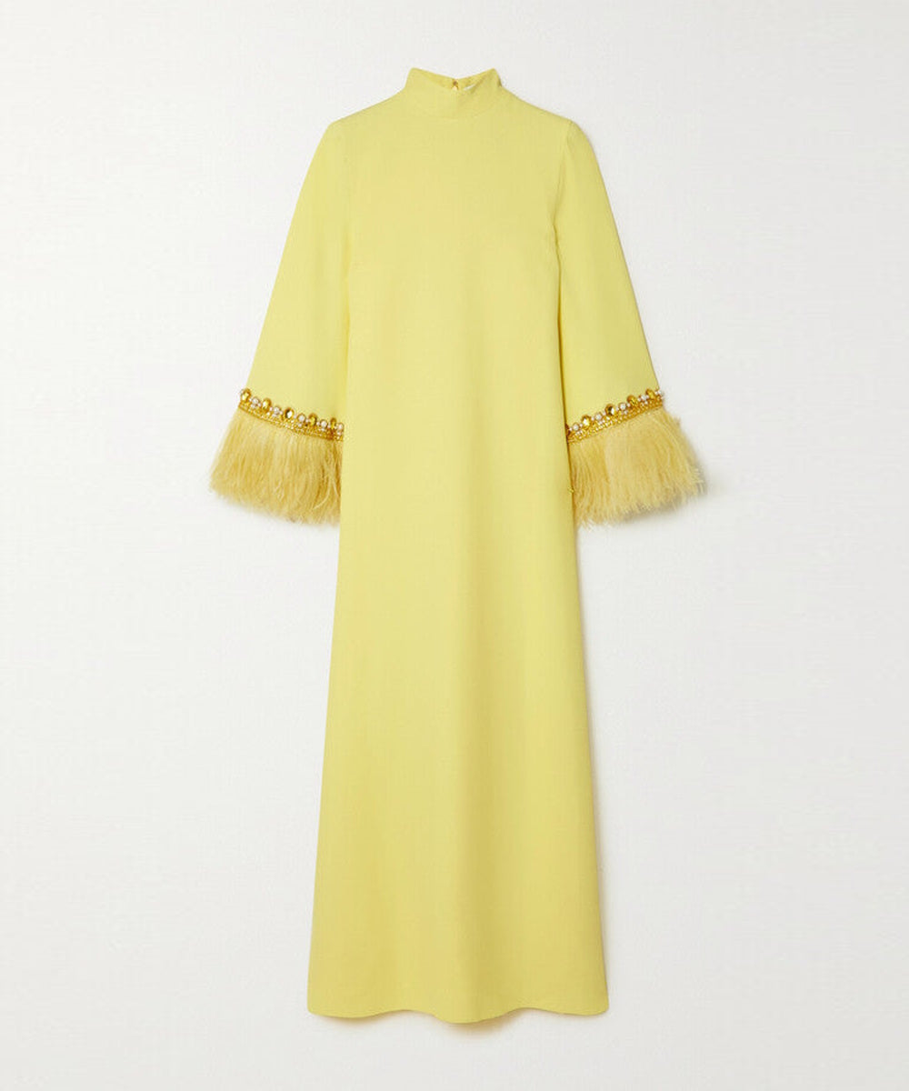 Lemon Yellow High Neck Flared Sleeve Pearl Crystal Feather Trim Kaftan Maxi Gown