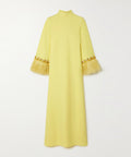 Lemon Yellow High Neck Flared Sleeve Pearl Crystal Feather Trim Kaftan Maxi Gown