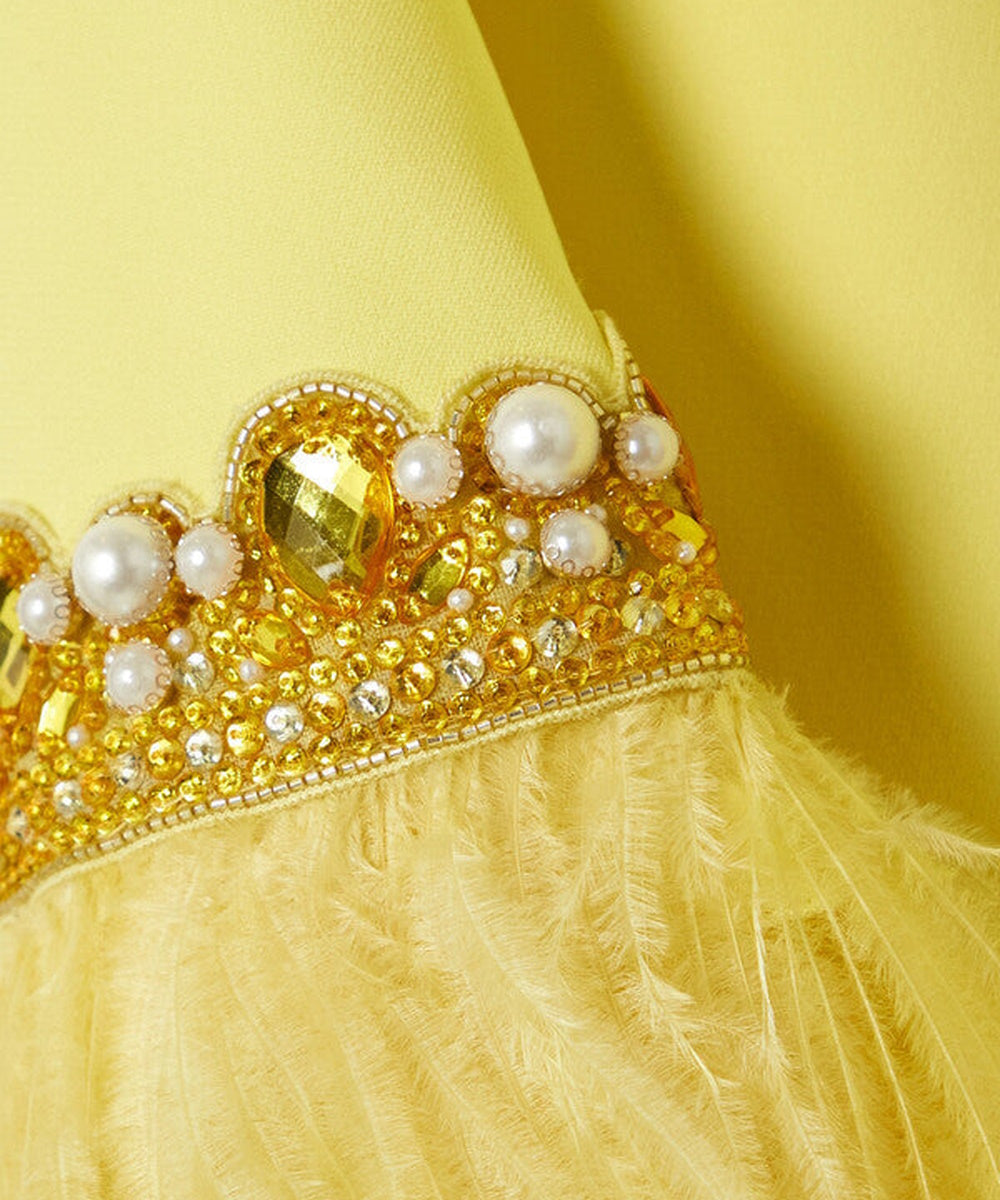 Lemon Yellow High Neck Flared Sleeve Pearl Crystal Feather Trim Kaftan Maxi Gown
