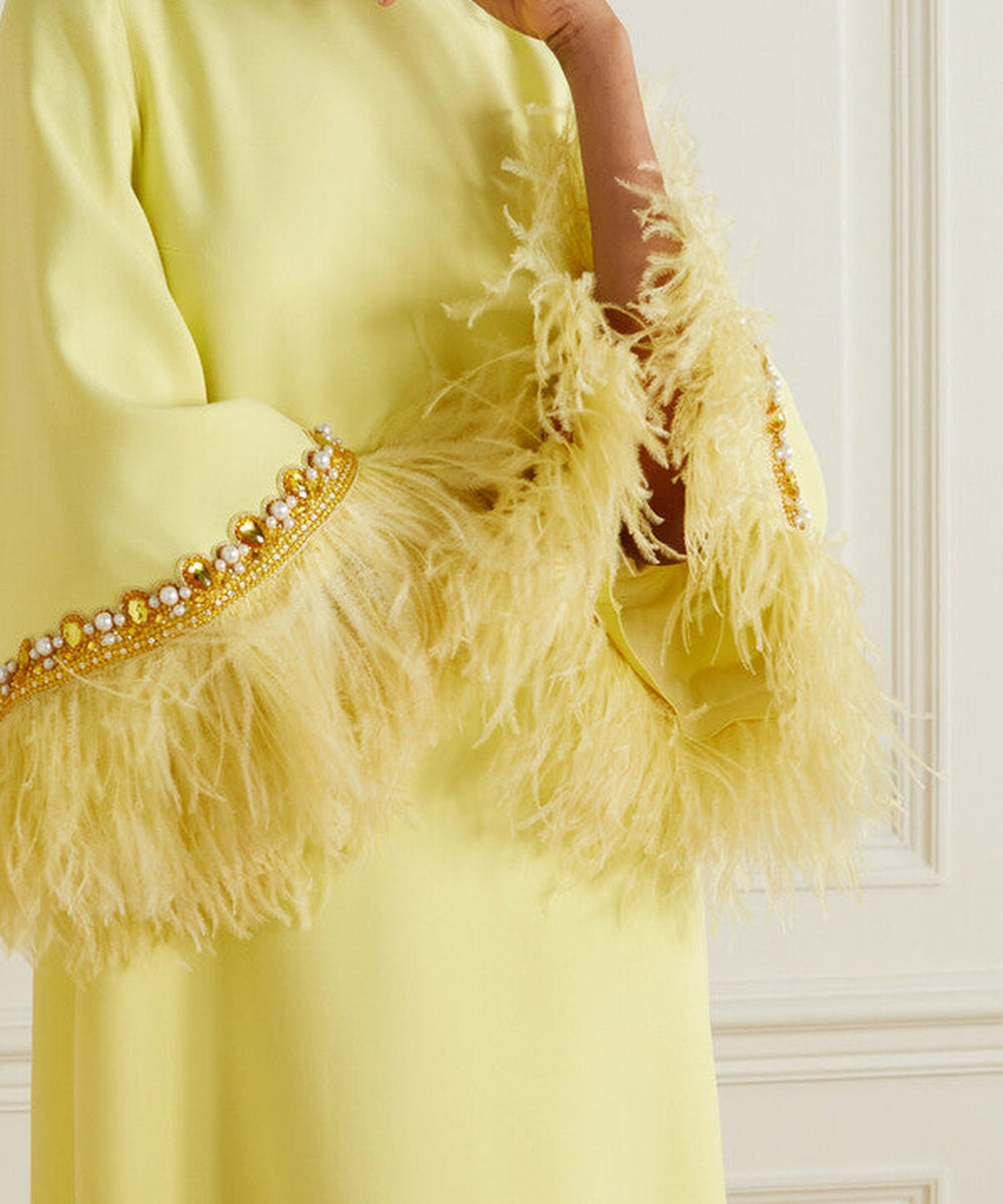 Lemon Yellow High Neck Flared Sleeve Pearl Crystal Feather Trim Kaftan Maxi Gown