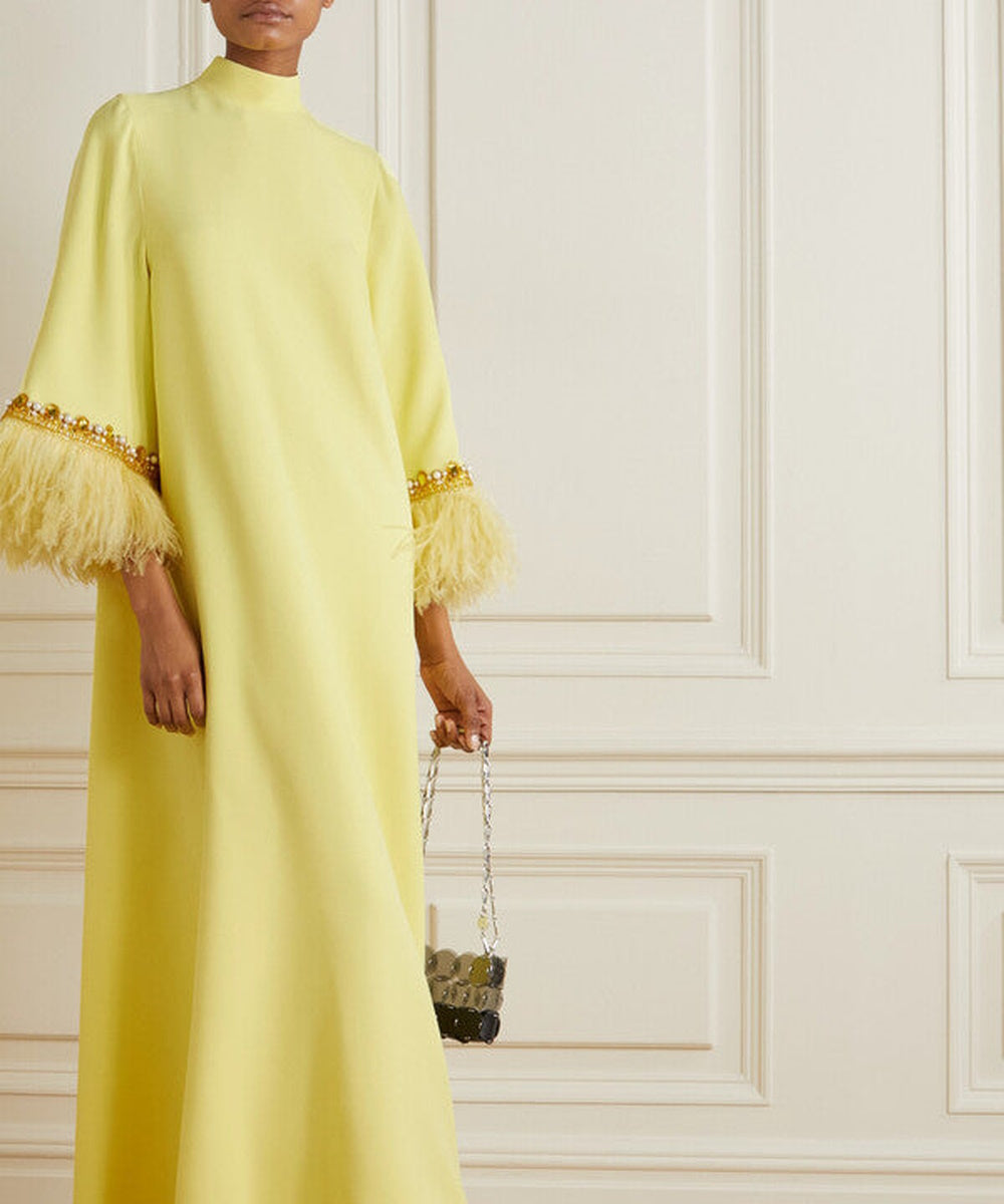Lemon Yellow High Neck Flared Sleeve Pearl Crystal Feather Trim Kaftan Maxi Gown