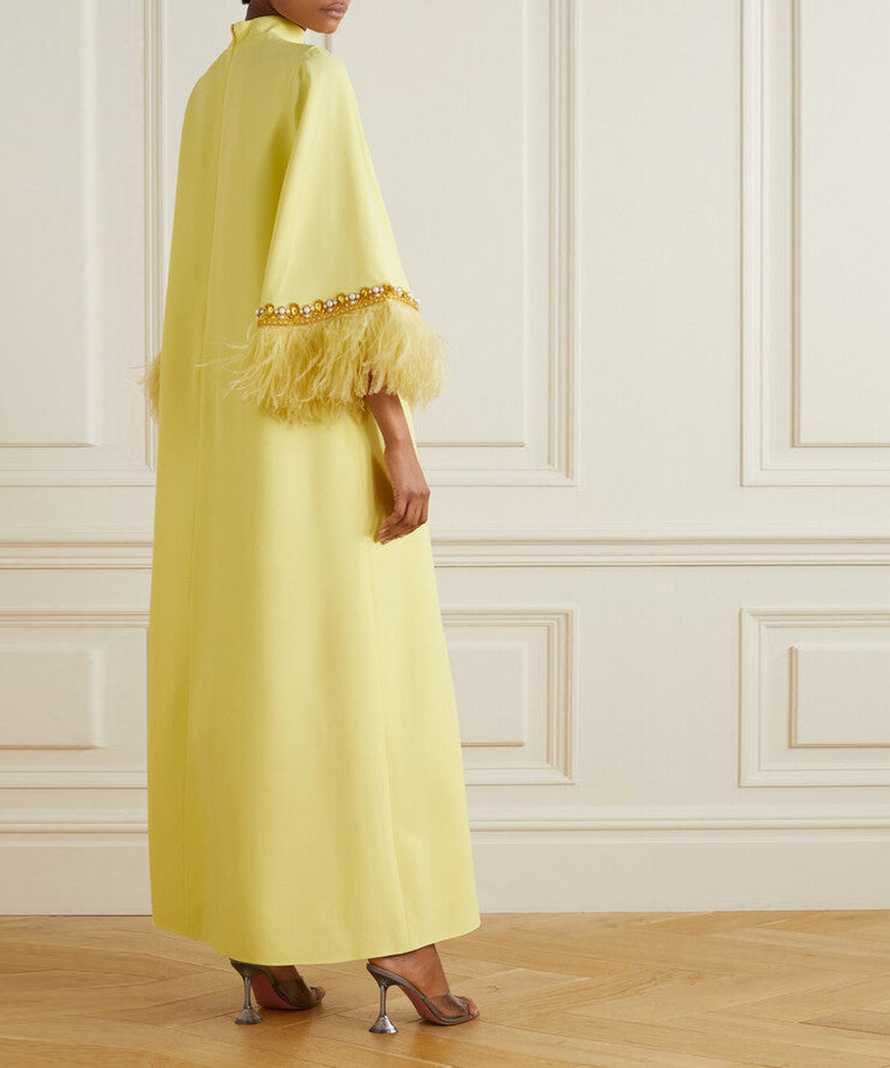 Lemon Yellow High Neck Flared Sleeve Pearl Crystal Feather Trim Kaftan Maxi Gown