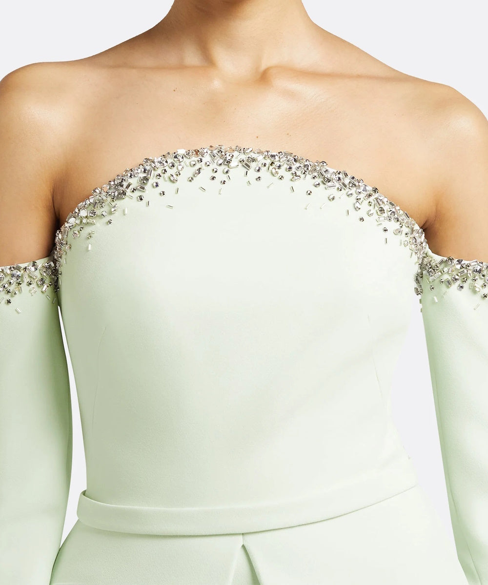 Mint Green Off The Shoulder Crystal Trim Peplum Column Maxi Evening Gown