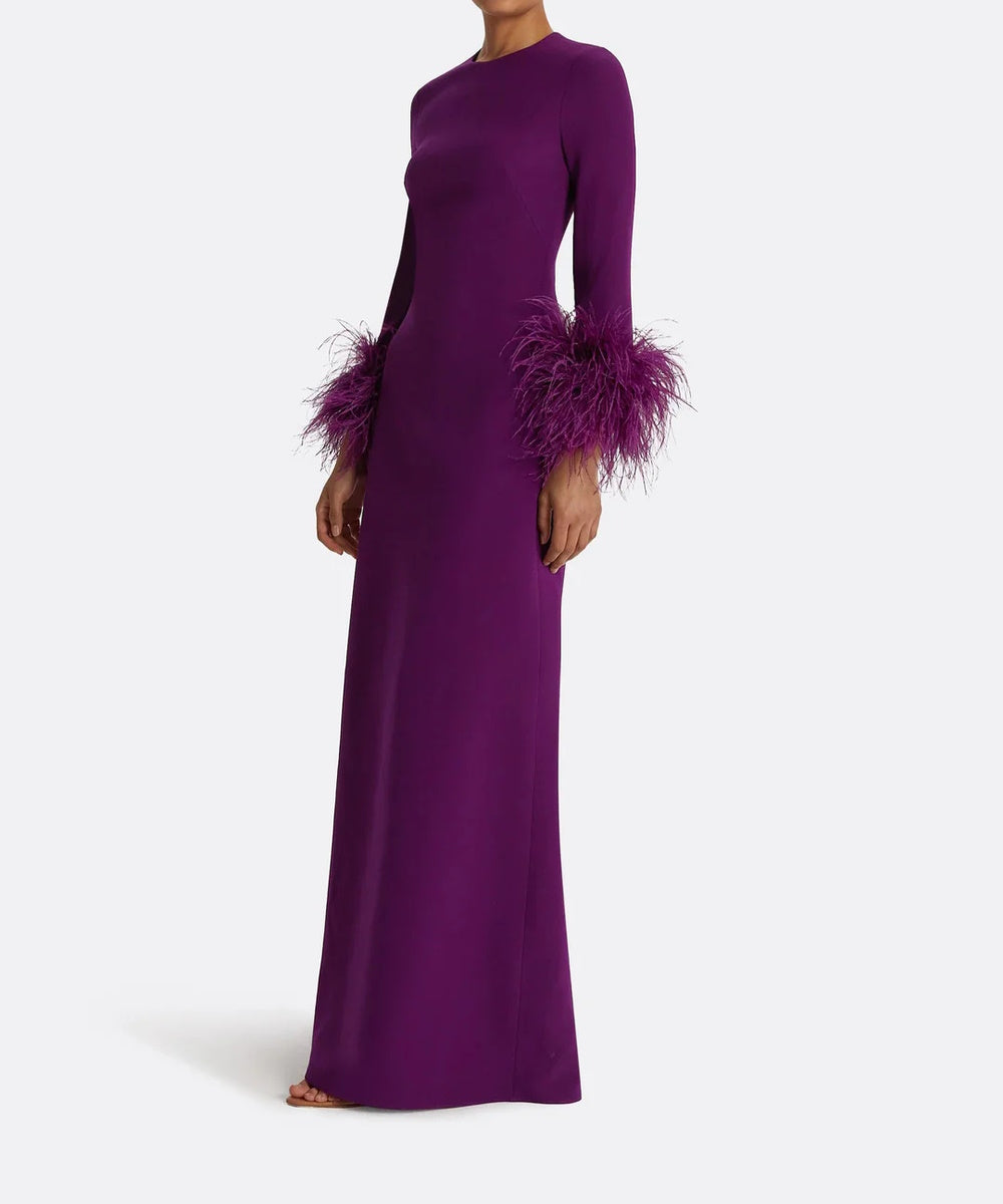 Violet Round Neck Long Sleeve Ostrich Feather Cuff Column Maxi Evening Gown