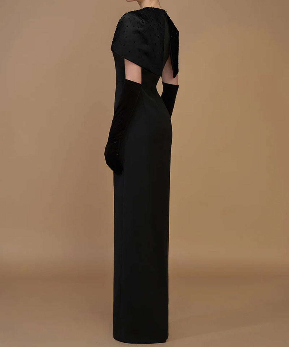 Black Beaded Cape Overlay Slim Column Satin Evening Gown