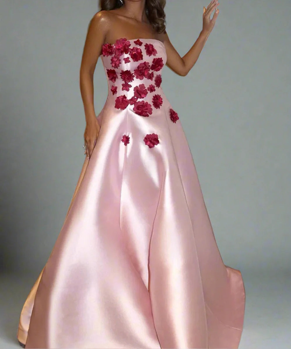 Light Pink Strapless 3D Burgundy Floral Applique Satin A-Line Maxi Evening Gown