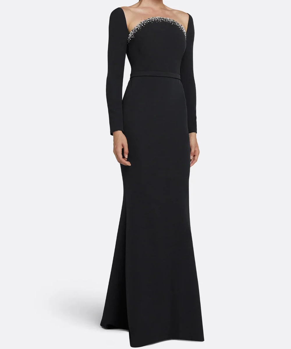 Straight Off Shoulder Long Sleeve Crystal Beaded Black Mermaid Train Evening Gown
