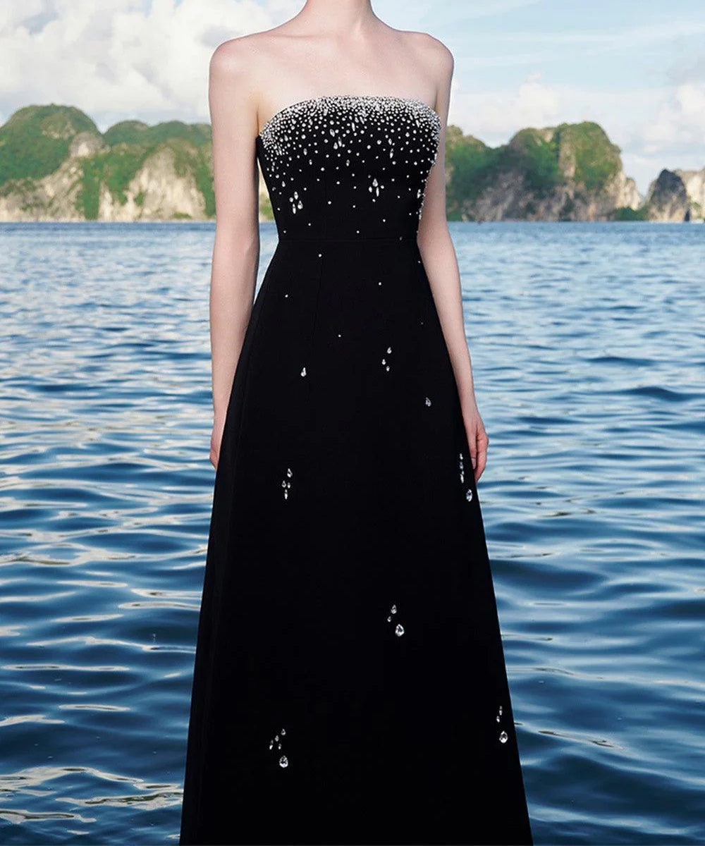 Strapless Scattered Crystal Embellished A-Line Maxi Evening Gown