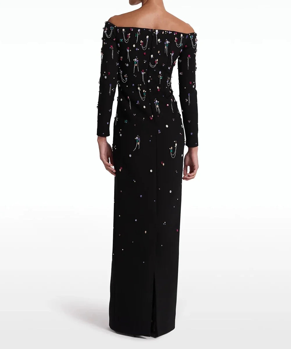 Black Off Shoulder Long Sleeve Multicolor Gem Chain Embellished Column Maxi Gown