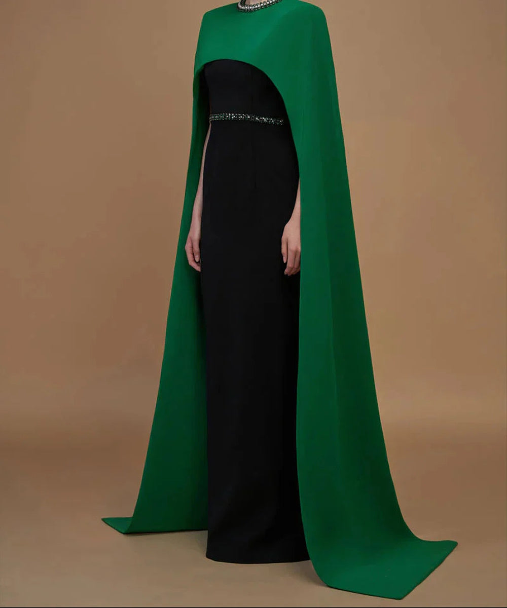 Two-Tone Emerald Cape Black Column Crystal Trim Evening Gown