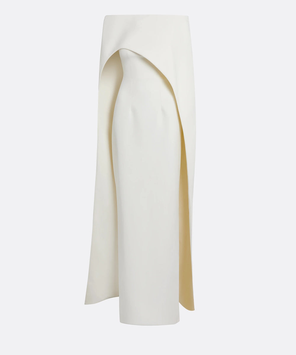 Off-Shoulder Ivory Cape Sleeve Column Crepe Evening Gown