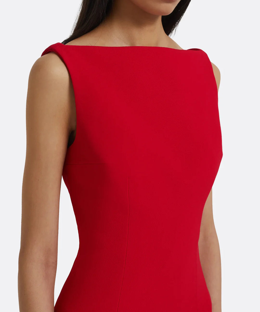 Red Sleeveless Boat Neck V-Back Flared Mermaid Maxi Evening Gown