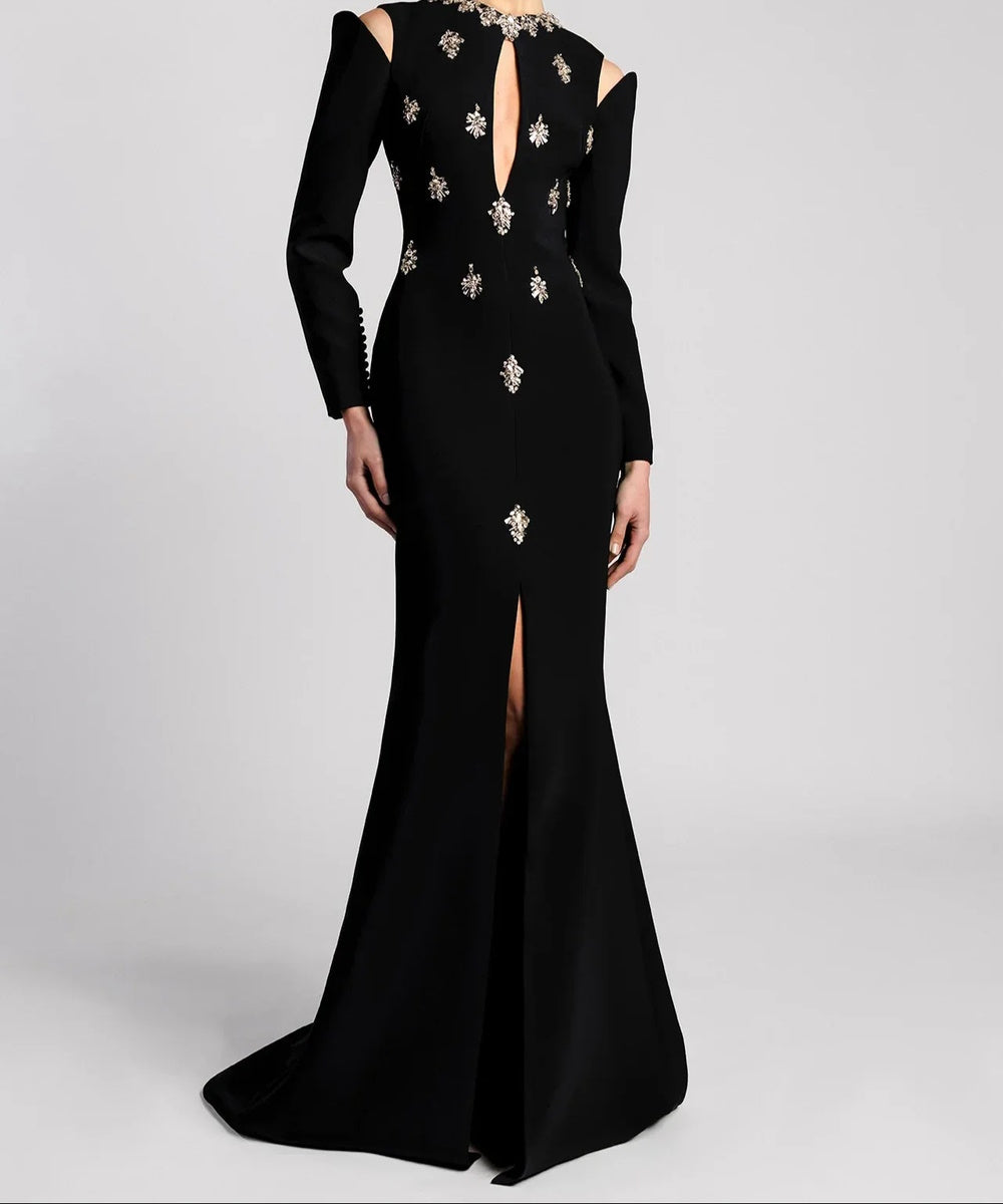 Cutout Cold Shoulder Crystal Embellished Mermaid Train Evening Gown