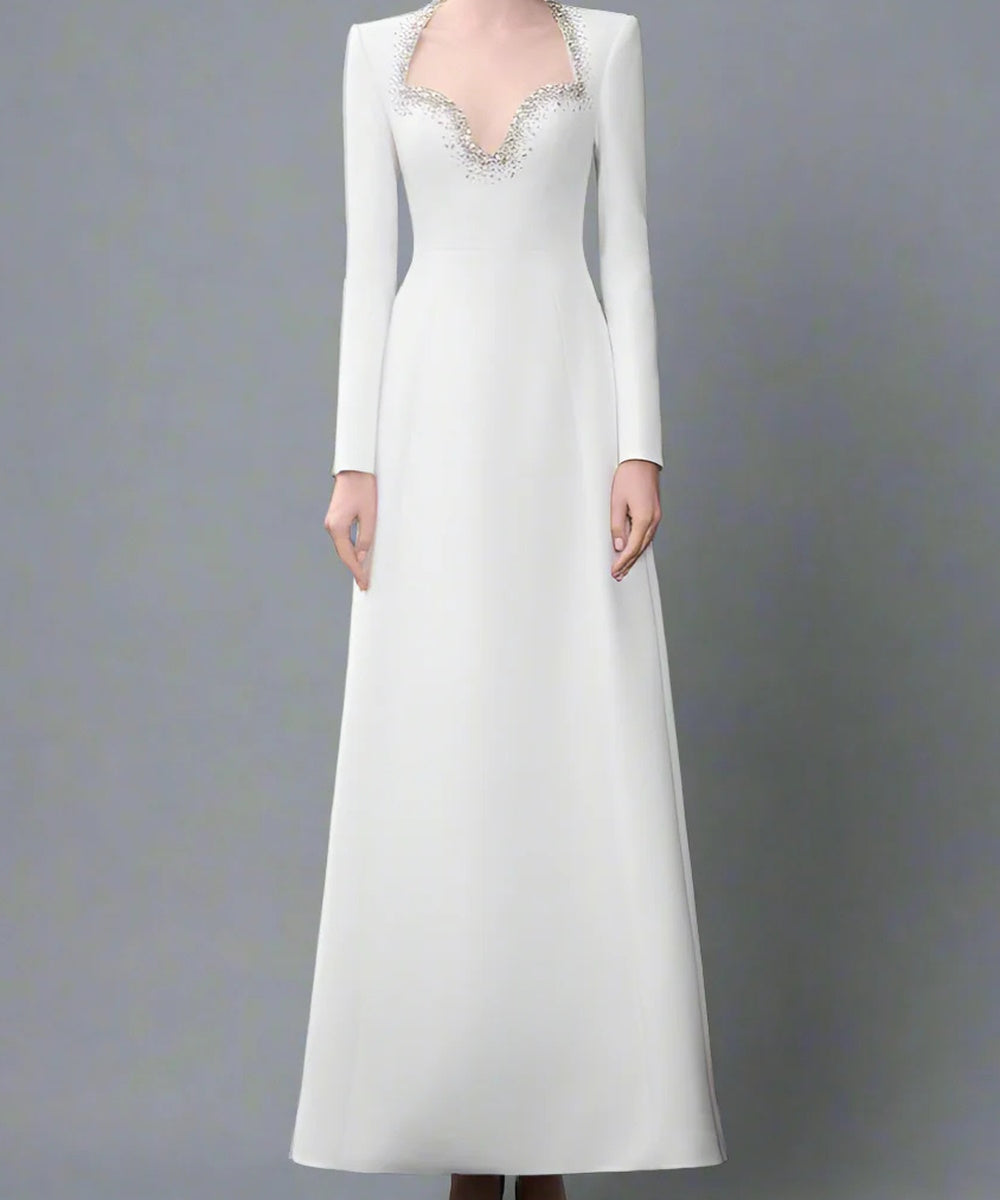 Ivory Crystal Beaded Heart Cutout Long Sleeve A-Line Maxi Formal Gown