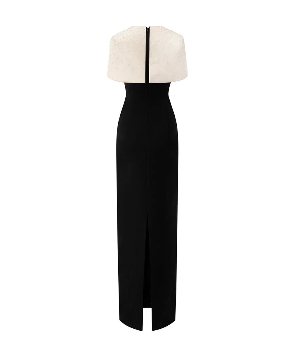Black Column Gown with Ivory Crystal Beaded Cape Overlay