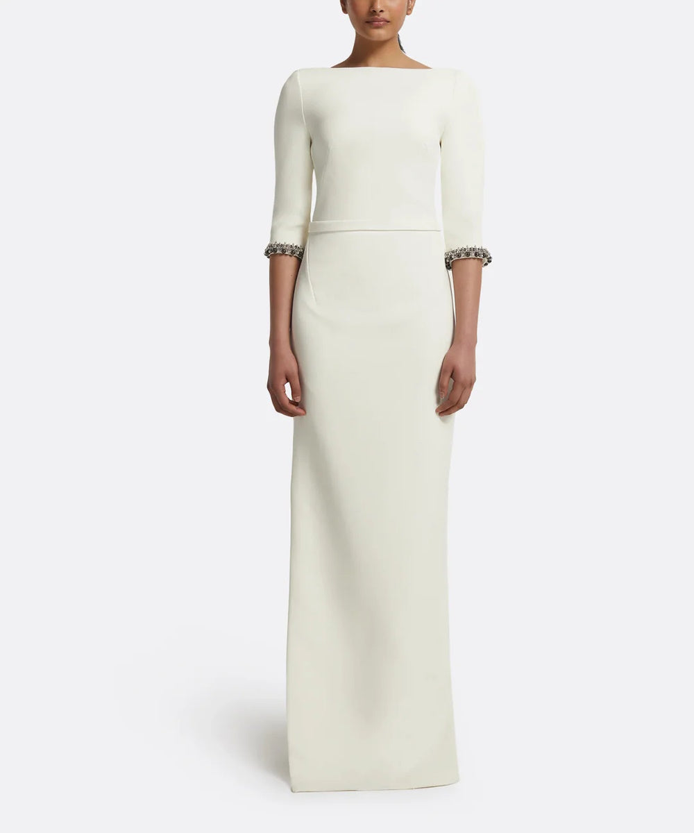 Ivory Boat Neck Draped Back Crystal Cuff Column Gown With Side Slit