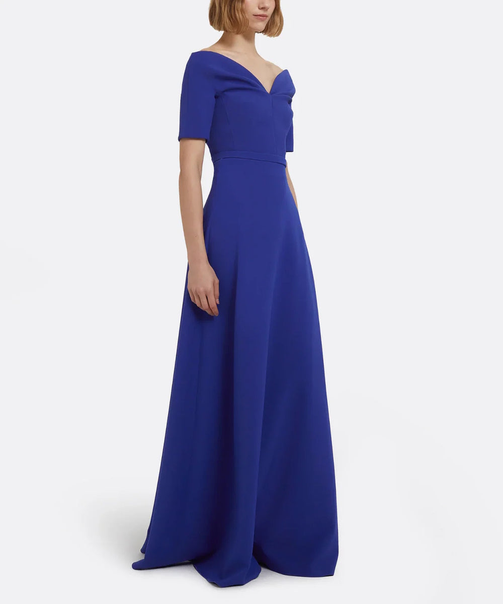 Cobalt Blue Off The Shoulder Short Sleeve A-Line Maxi Evening Gown With Waist Belt